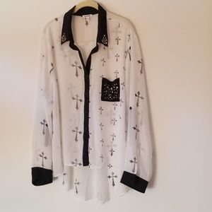 Button-up Long Organza Studded Shirt